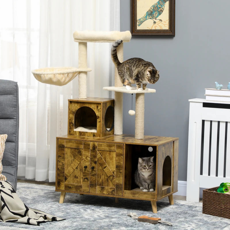 PawHut Litter Box Enclosure with Cat Tree Tower, Rustic Brown