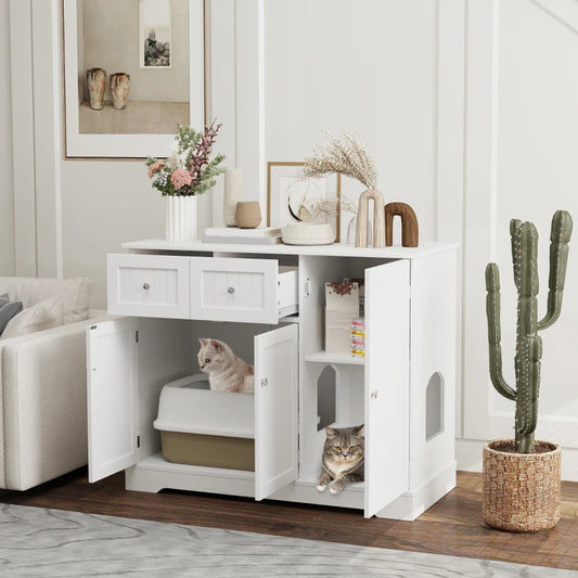 PawHut Cat Litter Box Enclosure with Drawer, White