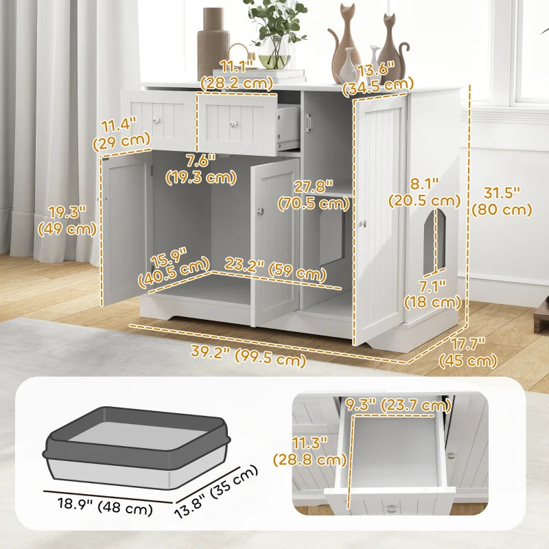 PawHut Cat Litter Box Enclosure with Drawer, White