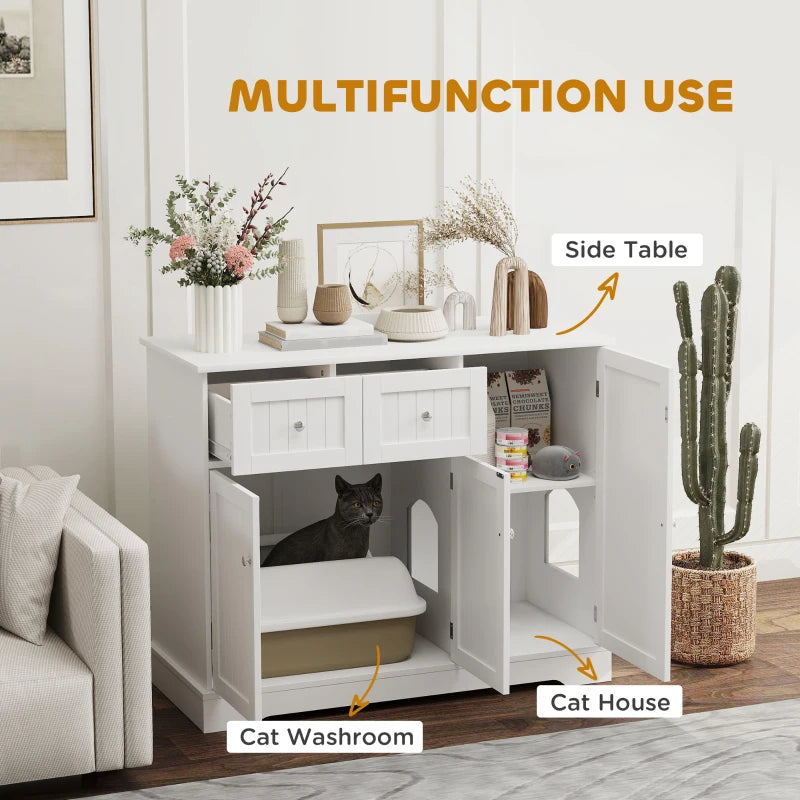 PawHut Cat Litter Box Enclosure with Drawer, White