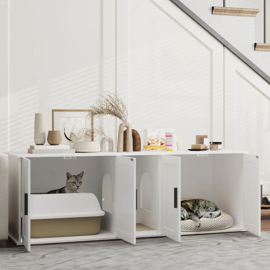 PawHut Cat Litter Box Enclosure with Double Room, White