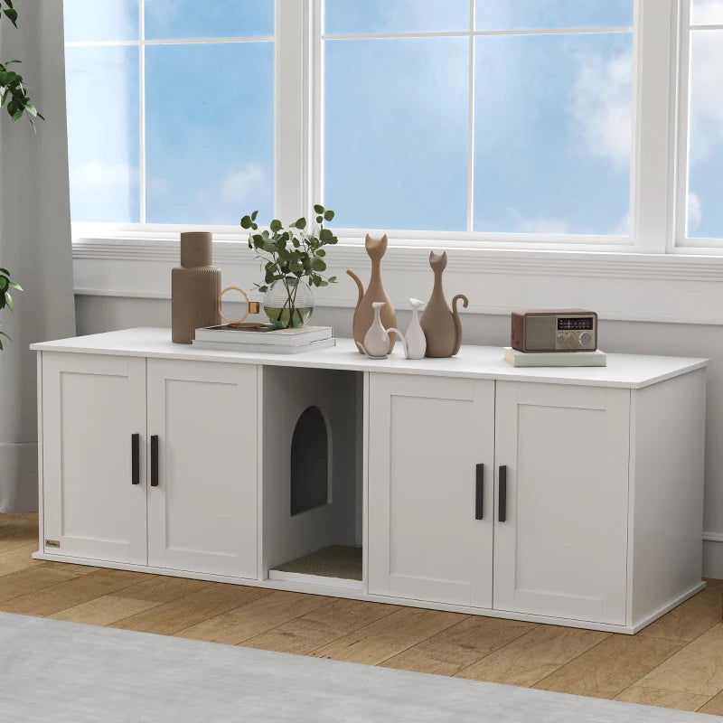 PawHut Cat Litter Box Enclosure with Double Room, White
