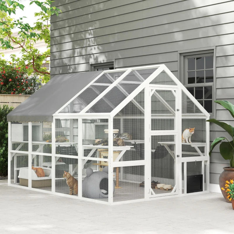 PawHut Outdoor Cat Enclosure Wooden, White