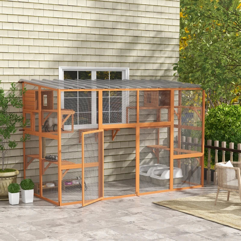 PawHut Large Outdoor Catio with 2 Condos, Orange