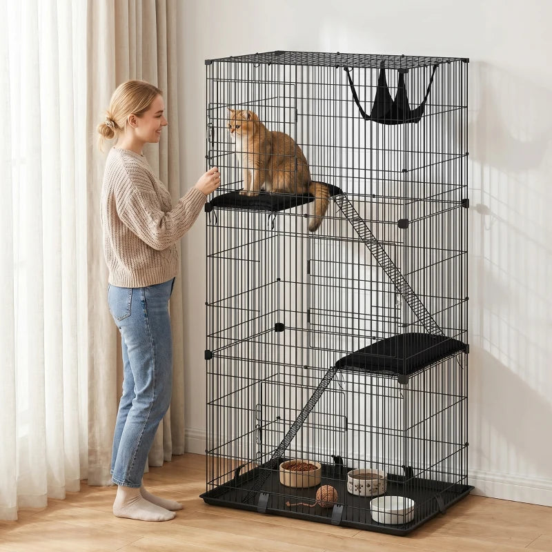 PawHut 3-Tier Cat Cage Indoor, Black
