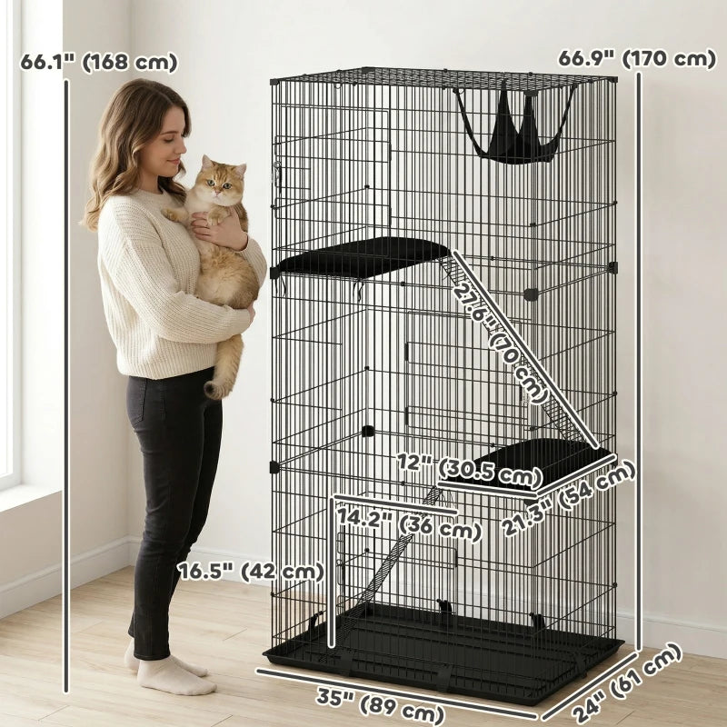 PawHut 3-Tier Cat Cage Indoor, Black